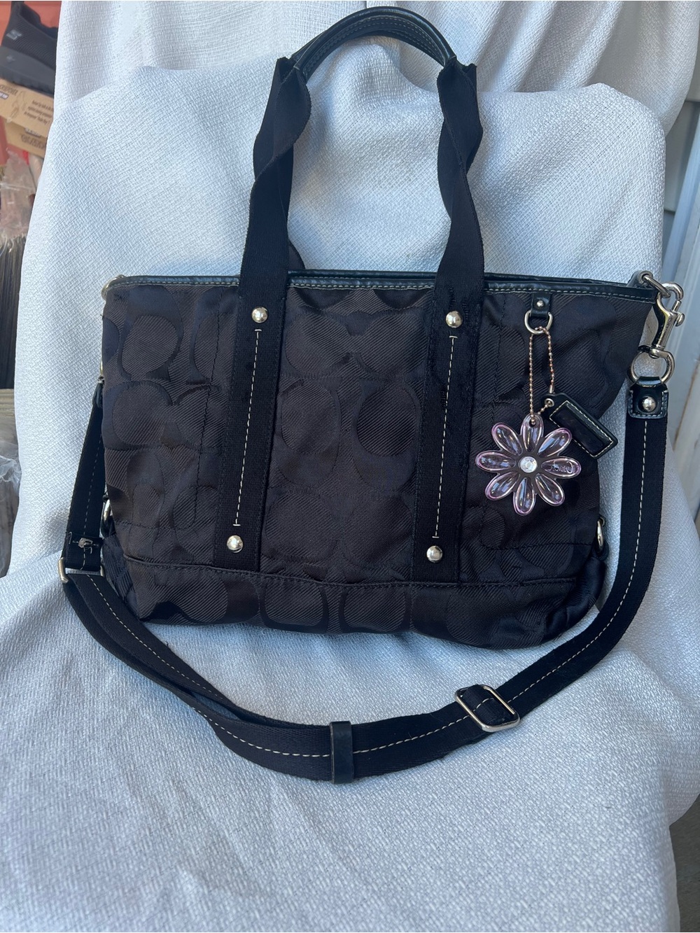 Coach Black Signature Tote with Purple Flower Charm - Picture 5 of 16